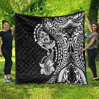 Hawaiian Manta Ray and Hammerhead Shark Tribal Tattoo Quilt with Polynesian Tribal Pattern Black-White Color