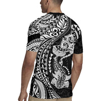 Hawaiian Manta Ray and Hammerhead Shark Tribal Tattoo Rugby Jersey with Polynesian Tribal Pattern Black-White Color