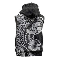 Hawaiian Manta Ray and Hammerhead Shark Tribal Tattoo Sleeveless Hoodie with Polynesian Tribal Pattern Black-White Color