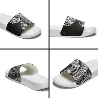 Hawaiian Manta Ray and Hammerhead Shark Tribal Tattoo Slide Sandals with Polynesian Tribal Pattern Black-White Color