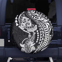 Hawaiian Manta Ray and Hammerhead Shark Tribal Tattoo Spare Tire Cover with Polynesian Tribal Pattern Black-White Color