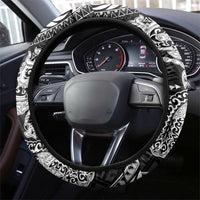 Hawaiian Manta Ray and Hammerhead Shark Tribal Tattoo Steering Wheel Cover with Polynesian Tribal Pattern Black-White Color