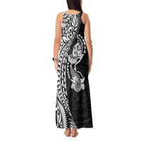 Hawaiian Manta Ray and Hammerhead Shark Tribal Tattoo Tank Maxi Dress with Polynesian Tribal Pattern Black-White Color