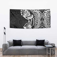 Hawaiian Manta Ray and Hammerhead Shark Tribal Tattoo Tapestry with Polynesian Tribal Pattern Black-White Color