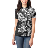 Hawaiian Manta Ray and Hammerhead Shark Tribal Tattoo Women Polo Shirt with Polynesian Tribal Pattern Black-White Color LT03 - Polynesian Pride