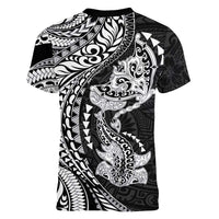Hawaiian Manta Ray and Hammerhead Shark Tribal Tattoo Women V-Neck T-Shirt with Polynesian Tribal Pattern Black-White Color LT03 - Polynesian Pride