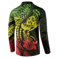 Hawaiian Manta Ray and Hammerhead Shark Tribal Tattoo Button Sweatshirt with Polynesian Tribal Pattern Reggae Style