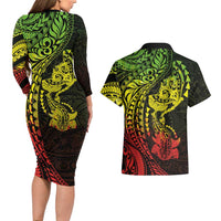 Hawaiian Manta Ray and Hammerhead Shark Tribal Tattoo Couples Matching Long Sleeve Bodycon Dress and Hawaiian Shirt with Polynesian Tribal Pattern Reggae Style LT03 - Polynesian Pride