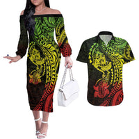 Hawaiian Manta Ray and Hammerhead Shark Tribal Tattoo Couples Matching Off The Shoulder Long Sleeve Dress and Hawaiian Shirt with Polynesian Tribal Pattern Reggae Style LT03 Multicolor - Polynesian Pride