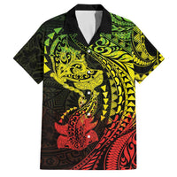 Hawaiian Manta Ray and Hammerhead Shark Tribal Tattoo Family Matching Off The Shoulder Long Sleeve Dress and Hawaiian Shirt with Polynesian Tribal Pattern Reggae Style LT03 Dad's Shirt - Short Sleeve Multicolor - Polynesian Pride