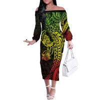 Hawaiian Manta Ray and Hammerhead Shark Tribal Tattoo Family Matching Off The Shoulder Long Sleeve Dress and Hawaiian Shirt with Polynesian Tribal Pattern Reggae Style LT03 Mom's Dress Multicolor - Polynesian Pride