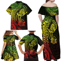 Hawaiian Manta Ray and Hammerhead Shark Tribal Tattoo Family Matching Off Shoulder Maxi Dress and Hawaiian Shirt with Polynesian Tribal Pattern Reggae Style LT03 - Polynesian Pride