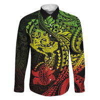 Hawaiian Manta Ray and Hammerhead Shark Tribal Tattoo Family Matching Off Shoulder Maxi Dress and Hawaiian Shirt with Polynesian Tribal Pattern Reggae Style LT03 Dad's Shirt - Long Sleeve Multicolor - Polynesian Pride