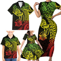 Hawaiian Manta Ray and Hammerhead Shark Tribal Tattoo Family Matching Short Sleeve Bodycon Dress and Hawaiian Shirt with Polynesian Tribal Pattern Reggae Style LT03 - Polynesian Pride