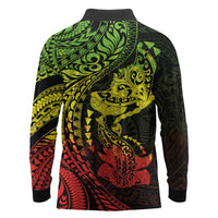 Hawaiian Manta Ray and Hammerhead Shark Tribal Tattoo Long Sleeve Polo Shirt with Polynesian Tribal Pattern Reggae Style