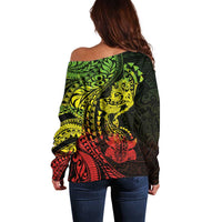 Hawaiian Manta Ray and Hammerhead Shark Tribal Tattoo Off Shoulder Sweater with Polynesian Tribal Pattern Reggae Style