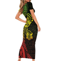Hawaiian Manta Ray and Hammerhead Shark Tribal Tattoo Short Sleeve Bodycon Dress with Polynesian Tribal Pattern Reggae Style