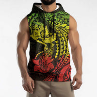 Hawaiian Manta Ray and Hammerhead Shark Tribal Tattoo Sleeveless Hoodie with Polynesian Tribal Pattern Reggae Style