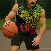 Hawaiian Manta Ray and Hammerhead Shark Tribal Tattoo Sleeveless Zip Hoodie with Polynesian Tribal Pattern Reggae Style