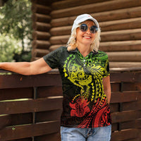 Hawaiian Manta Ray and Hammerhead Shark Tribal Tattoo Women Polo Shirt with Polynesian Tribal Pattern Reggae Style
