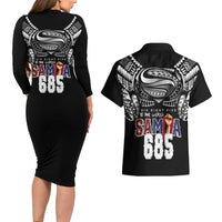 Super Samoa-Six Eight Five to The World Couples Matching Long Sleeve Bodycon Dress and Hawaiian Shirt Traditional Samoan Tattoo Black Color LT03 - Polynesian Pride