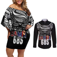 Super Samoa-Six Eight Five to The World Couples Matching Off Shoulder Short Dress and Long Sleeve Button Shirt Traditional Samoan Tattoo Black Color