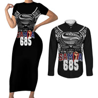 Super Samoa-Six Eight Five to The World Couples Matching Short Sleeve Bodycon Dress and Long Sleeve Button Shirt Traditional Samoan Tattoo Black Color LT03 Black - Polynesian Pride