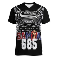 Super Samoa-Six Eight Five to The World Women V-Neck T-Shirt Traditional Samoan Tattoo Black Color LT03 Female Black - Polynesian Pride