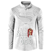 Super Samoa-Six Eight Five to The World Button Sweatshirt Traditional Samoan Tattoo All White