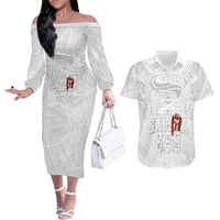 Super Samoa-Six Eight Five to The World Couples Matching Off The Shoulder Long Sleeve Dress and Hawaiian Shirt Traditional Samoan Tattoo All White LT03 White - Polynesian Pride