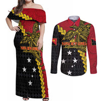 Papua New Guinea Independence Day Couples Matching Off Shoulder Maxi Dress and Long Sleeve Button Shirt Bird-of-paradise Melanesian Tattoo