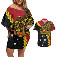 Papua New Guinea Independence Day Couples Matching Off Shoulder Short Dress and Hawaiian Shirt Bird-of-paradise Melanesian Tattoo
