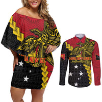 Papua New Guinea Independence Day Couples Matching Off Shoulder Short Dress and Long Sleeve Button Shirt Bird-of-paradise Melanesian Tattoo