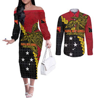 Papua New Guinea Independence Day Couples Matching Off The Shoulder Long Sleeve Dress and Long Sleeve Button Shirt Bird-of-paradise Melanesian Tattoo