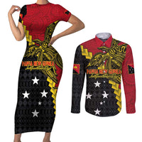 Papua New Guinea Independence Day Couples Matching Short Sleeve Bodycon Dress and Long Sleeve Button Shirt Bird-of-paradise Melanesian Tattoo