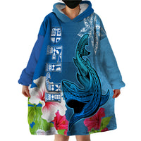 Polynesian Fiji Wearable Blanket Hoodie Shark and Hibiscus Tapa Pattern Blue Version LT03 - Polynesian Pride