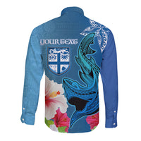 Custom Polynesian Fiji Long Sleeve Button Shirt Shark and Hibiscus Tapa Pattern Blue Version LT03 - Polynesian Pride