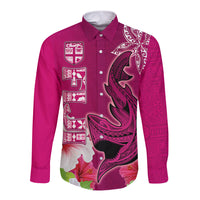 Polynesian Fiji Long Sleeve Button Shirt Shark and Hibiscus Tapa Pattern Purple Version LT03 Unisex Pink - Polynesian Pride