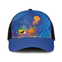 Hawaiian Funny Fruits Sea Animals Baseball Net Cap Mango Reef Triggerfish and Pineapple Turtle and Mandarin Jellyfish LT03 One Size Black Blue - Polynesian Pride