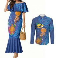 Hawaiian Funny Fruits Sea Animals Couples Matching Mermaid Dress and Long Sleeve Button Shirt Mango Reef Triggerfish and Pineapple Turtle and Mandarin Jellyfish LT03 Blue - Polynesian Pride