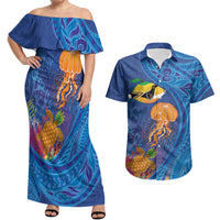 Hawaiian Funny Fruits Sea Animals Couples Matching Off Shoulder Maxi Dress and Hawaiian Shirt Mango Reef Triggerfish and Pineapple Turtle and Mandarin Jellyfish LT03 Blue - Polynesian Pride