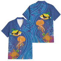 Hawaiian Funny Fruits Sea Animals Family Matching Long Sleeve Bodycon Dress and Hawaiian Shirt Mango Reef Triggerfish and Pineapple Turtle and Mandarin Jellyfish LT03 Dad's Shirt - Short Sleeve Blue - Polynesian Pride