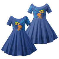 Hawaiian Funny Fruits Sea Animals Family Matching Off Shoulder Maxi Dress and Hawaiian Shirt Mango Reef Triggerfish and Pineapple Turtle and Mandarin Jellyfish LT03 Daughter's Dress Blue - Polynesian Pride