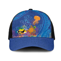 Hawaiian Funny Fruits Sea Animals Mesh Trucker Cap Mango Reef Triggerfish and Pineapple Turtle and Mandarin Jellyfish LT03 One Size Black Blue - Polynesian Pride