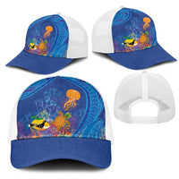 Hawaiian Funny Fruits Sea Animals Mesh Trucker Cap Mango Reef Triggerfish and Pineapple Turtle and Mandarin Jellyfish LT03 - Polynesian Pride