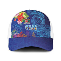 Fiji Day Baseball Net Cap Coral Reef with Tapa Motifs and Hibiscus Ocean Vibe LT03 One Size White Blue - Polynesian Pride