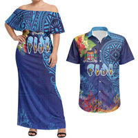 Fiji Day Couples Matching Off Shoulder Maxi Dress and Hawaiian Shirt Coral Reef with Tapa Motifs and Hibiscus Ocean Vibe LT03 Blue - Polynesian Pride