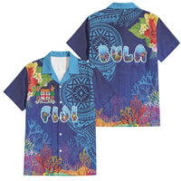 Fiji Day Family Matching Short Sleeve Bodycon Dress and Hawaiian Shirt Coral Reef with Tapa Motifs and Hibiscus Ocean Vibe LT03 Dad's Shirt - Short Sleeve Blue - Polynesian Pride