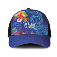 Fiji Day Mesh Trucker Cap Coral Reef with Tapa Motifs and Hibiscus Ocean Vibe LT03 One Size Black Blue - Polynesian Pride