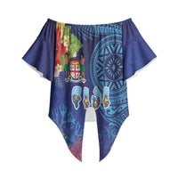 Fiji Day Off Shoulder Wrap Waist Top Coral Reef with Tapa Motifs and Hibiscus Ocean Vibe LT03 - Polynesian Pride